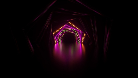 Abstract Neon Hexagon Tunnel Technological. Endless Swirling Animated Background. Modern Neon Light