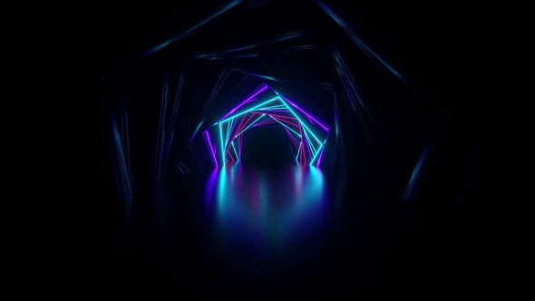 Abstract Neon Hexagon Tunnel Technological. Endless Swirling Animated Background. Modern Neon Light