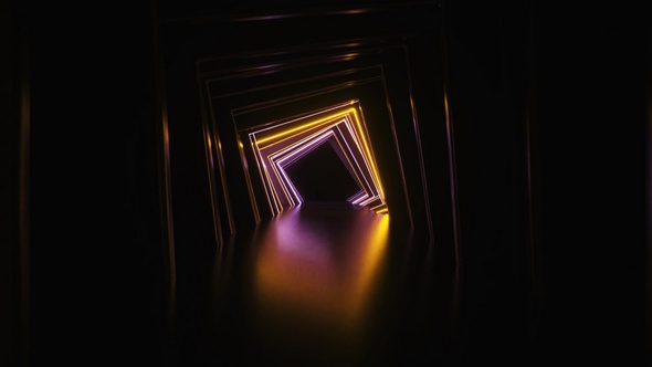 Abstract Neon Square Tunnel Technological. Endless Swirling Animated Background. Modern Neon Light