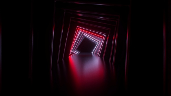 Abstract Neon Square Tunnel Technological. Endless Swirling Animated Background. Modern Neon Light