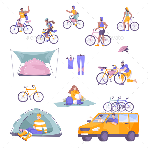 Bike Tourism Flat Icon Set