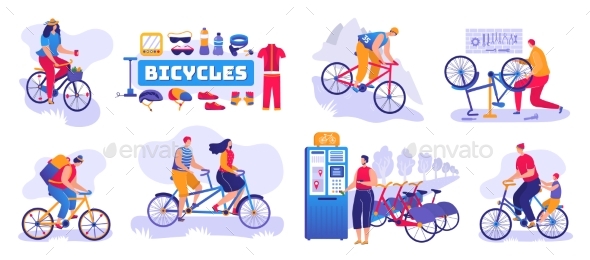 Bicycle Shop Set of Isolated Vector Illustration