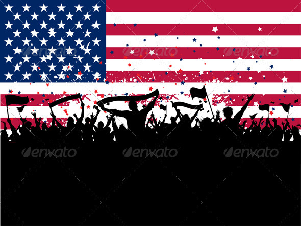 Party crowd on American flag