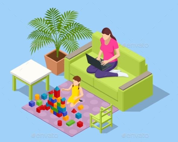 Isometric Young Mother Works Remotely From Home