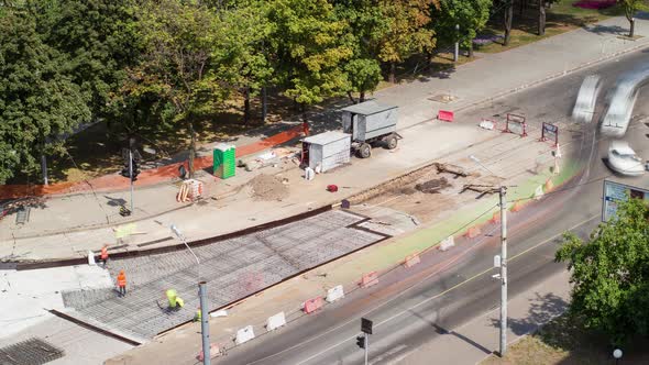 Road Construction Site with Tram Tracks Repair and Maintenance Aerial Timelapse