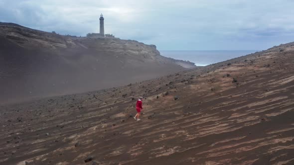 Man Going Mountain Hills of Capelinhos Volcano Faial Island Azores Portugal