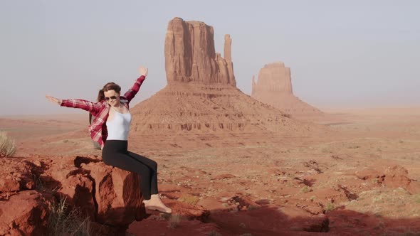 Happy Smiling Woman Spreading Arms Like Bird Wings Catching Wind Flying Freedom