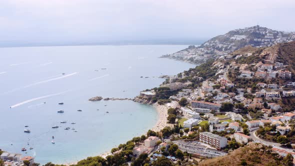 Aerial of Famous Coastal Mediterranean Town of Roses Spain