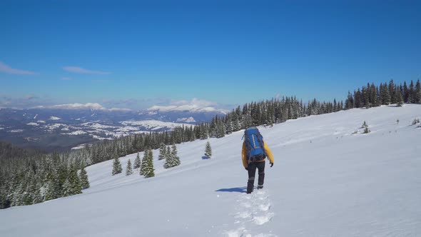 Man Backpacker Tourist Walking Snow Landscape