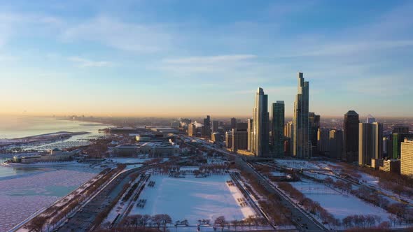 Chicago Loop and Michigan Lake at Sunrise in Winter
