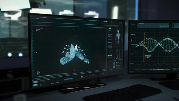 Laboratory software interface examining 3d projected organ for pandemic study alt