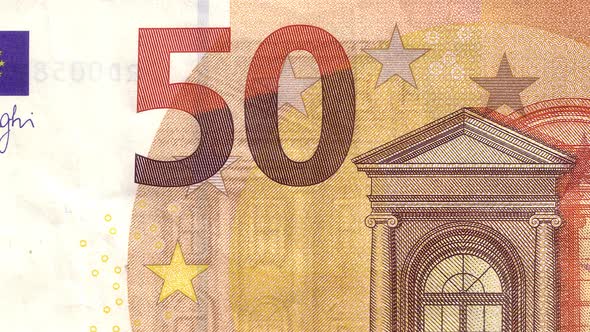 Fifty euro cash money macro view. 50 euro close-up motion background