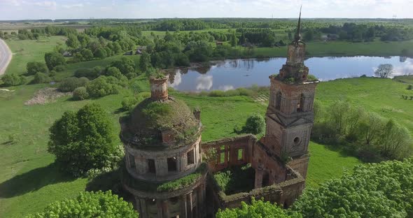 Old ruined church and bell tower, Russia