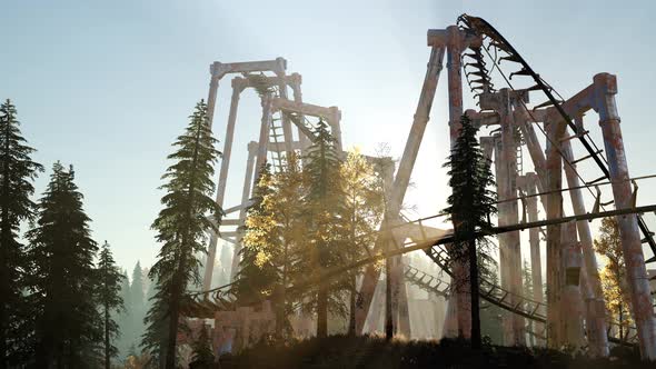 Old Roller Coaster at Sunset in Forest