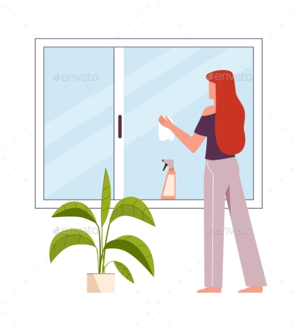 Woman Washes Window. Female Character Cleans