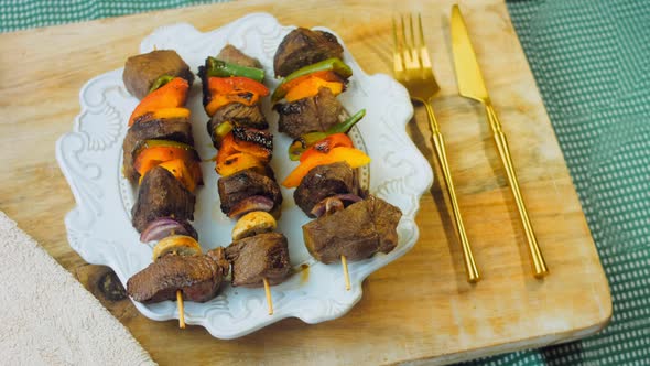 Marinated Beef Kebabs with Vegetables Prepared on the Grill