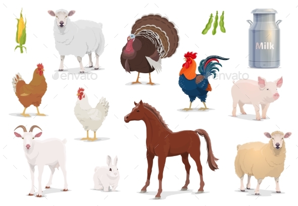 Farm Animals Cartoon Vector Isolated Icons Set