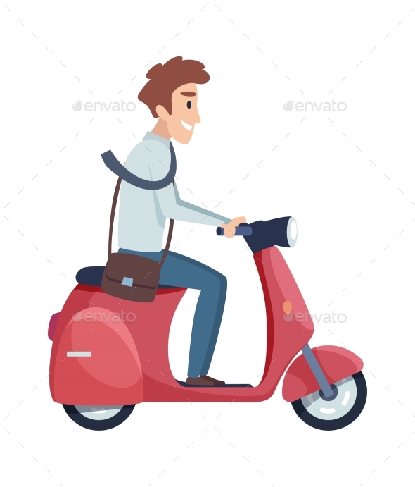 Man Rides Motorbike. Happy Businessman Drives To