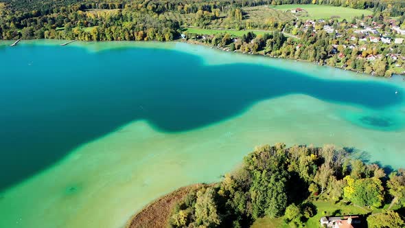 Aerial view of Lake Woerth with Maus Island, Bavaria, Germany