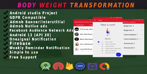 Best Body weight and fitness app android Full Source code With ADMOB, FB Ads, GDPR and api 30
