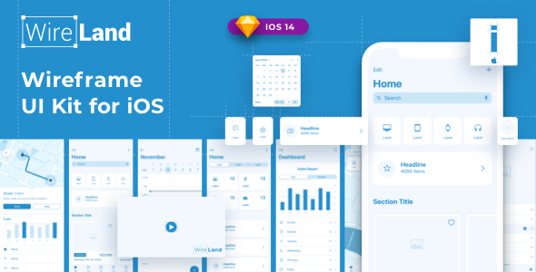 Wireland iOS Wireframe Kit - 144+ ekrany aplikacji do szkicu