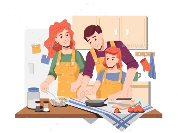 Mom and Dad Teaching Daughter To Cook at Home