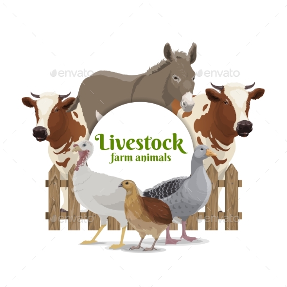 Farm Livestock and Poultry Vector Round Banner