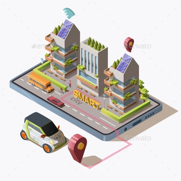 Smart City with Office Buildings, Cars, Road