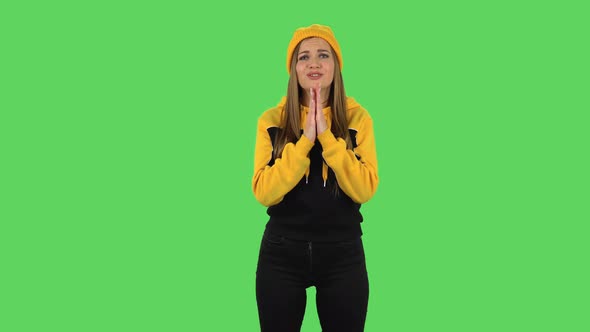 Modern Girl Is Looking at Camera with Excitement, Then Celebrating Victory. Green Screen