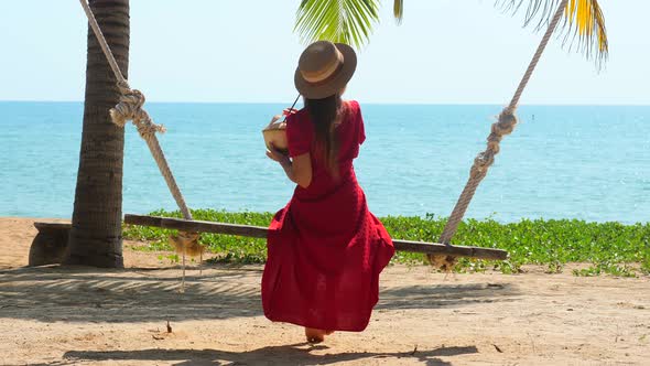 Young Woman Traveller Sit on Swing at Tropical Beach By Sea with Coconut in Hand