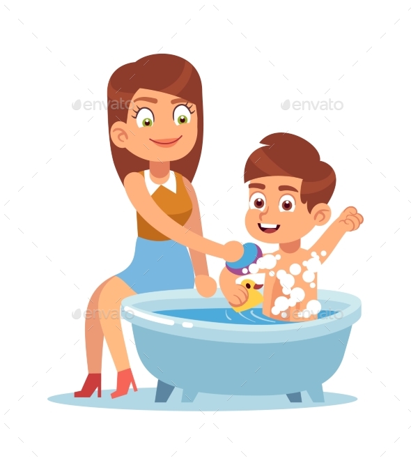 Daily Mother. Mom Bathes the Child, Mother Helps