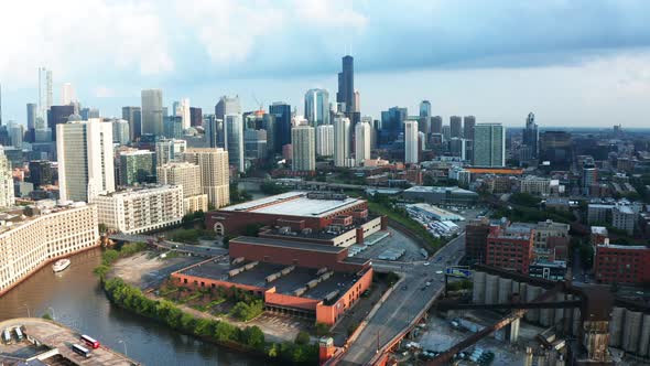 Drone aerial of Chicago downtown city skyline with large urban buildings