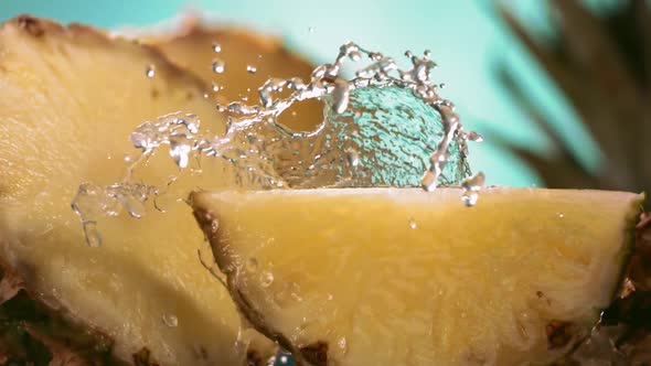 Slow Motion Shot of Pineapple and Water Splashing Through Pineapple Slices