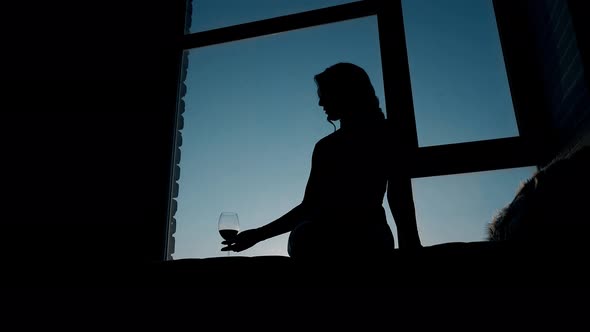 Silhouette of Girl Drinking Wine at Window Hole in Evening