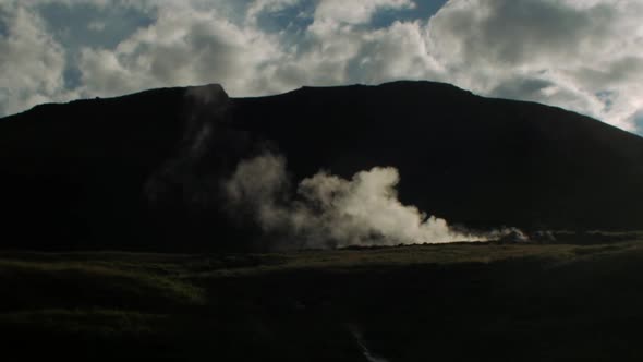 iceland landscape, geothermal hotspring steam smoke, wide angle shot, camera pans from right to left