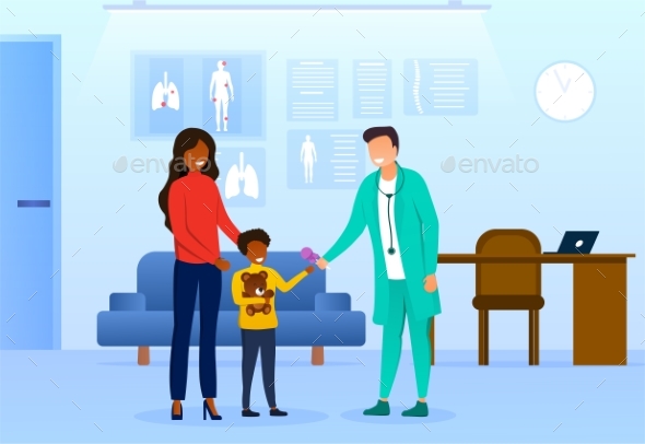 Doctor and Visitors in Modern Pediatrician Office