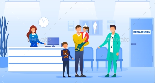 Doctor and Visitors in Modern Pediatrician Office