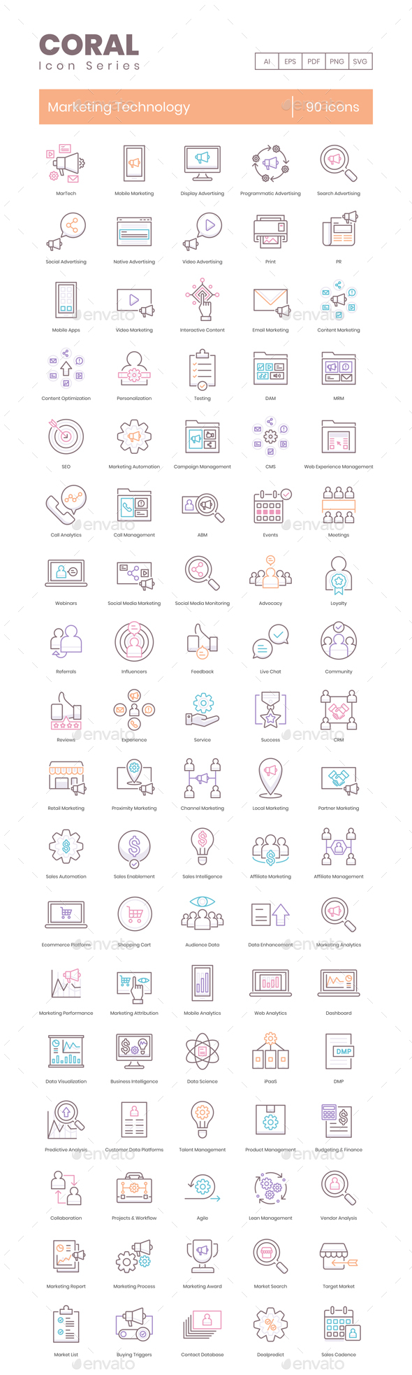 90 Marketing Technology Icons - Coral Series
