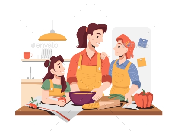 Daughters Helping Mother To Cook Food in Kitchen