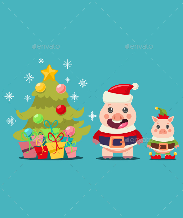 Cute Christmas Santa Claus Pig And Elf Vector Cartoon Character
