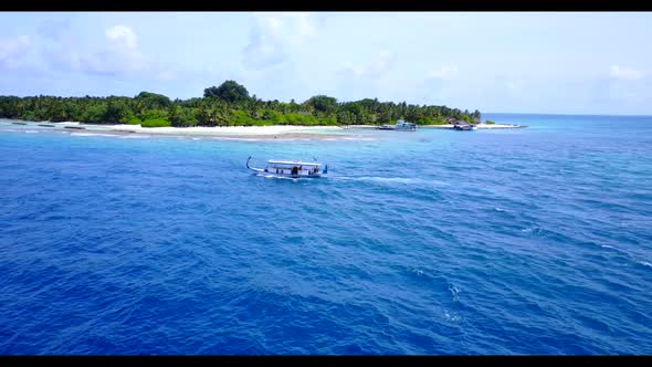 Aerial drone landscape of paradise lagoon beach voyage by transparent sea with white sand background