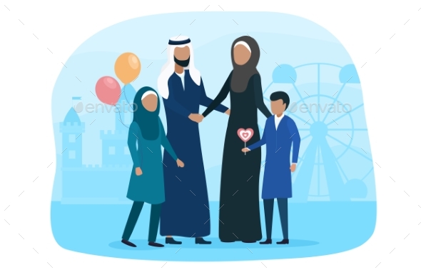 Muslim Family Walking with Kid in Amusement Park
