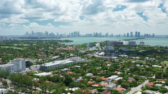 Beautiful Green Miami Beach Aerial View with Downtown High Buildings Background
