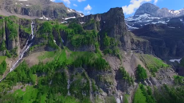 swiss mountains and valleys from the air with the drone