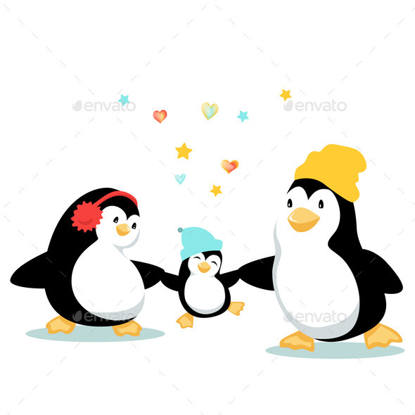Cartoon Penguin Family with Jumping Laughing Baby