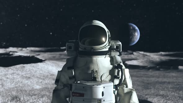 An Astronaut Stands on the Surface of the Moon Among Craters Against the Backdrop of the Planet