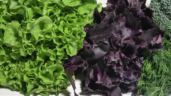 Motion Past Fresh Greenery and Raw Broccoli Lying on White