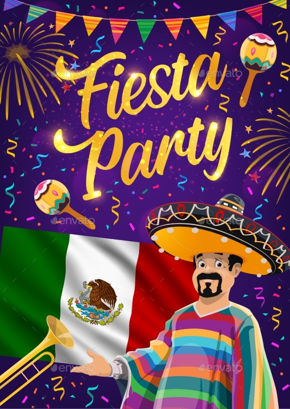 Mexican Fiesta Party Flag, Maracas and Mariachi