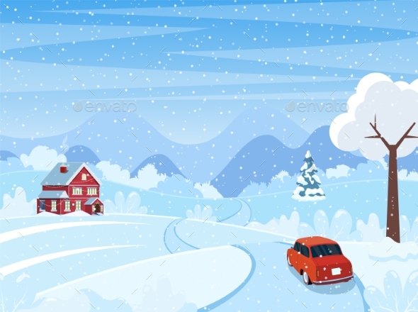 Car on the Road. Cute Winter Landscape
