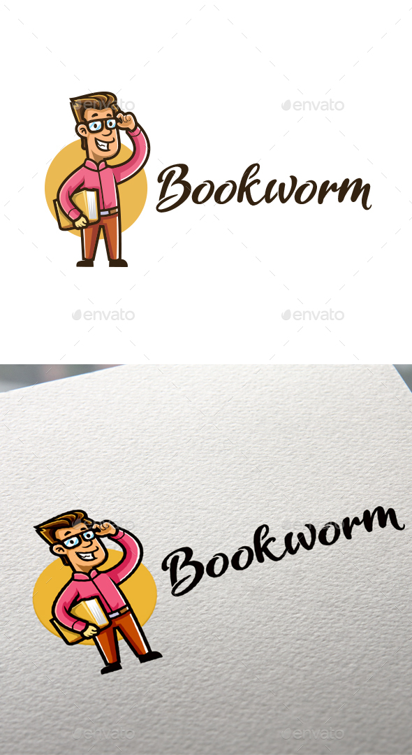 Cartoon Bookworm Character Mascot Logo
